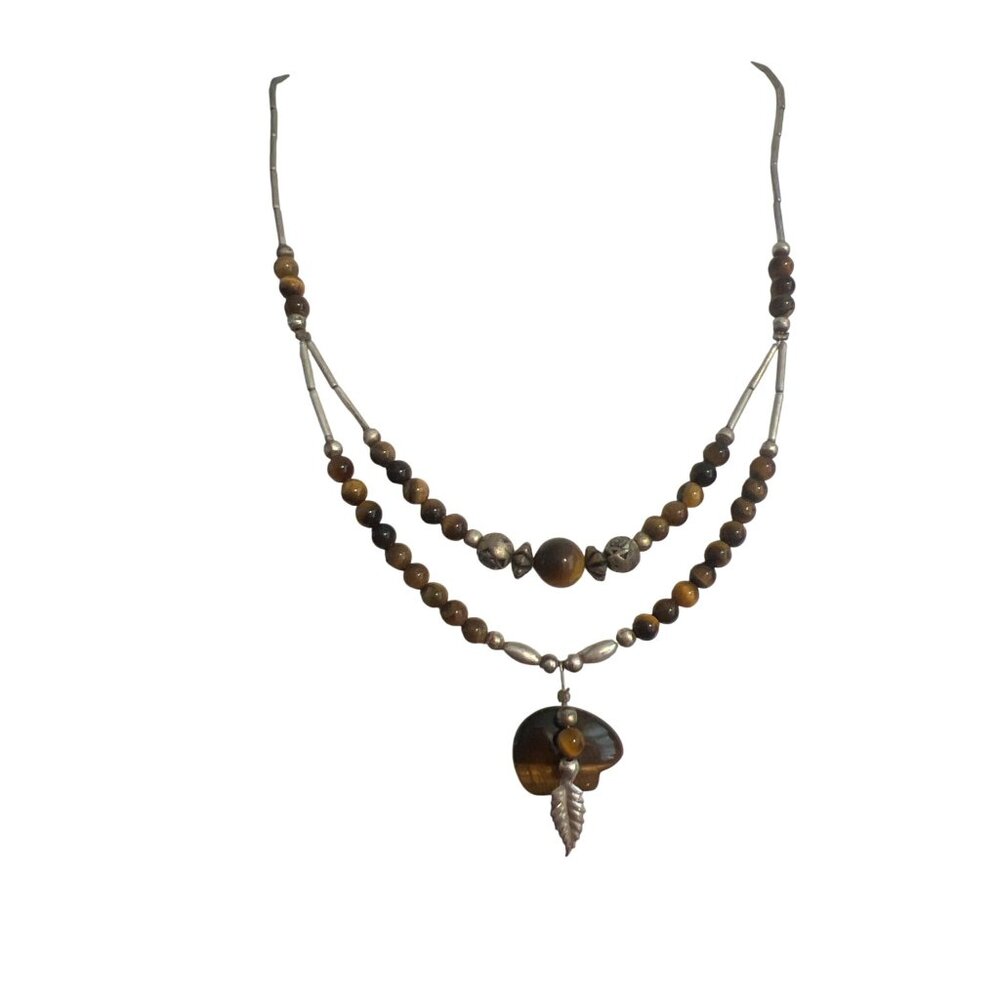 Vintage Silver Tone Tigers Eye Beads Bear Pendant Feather Native American 19"